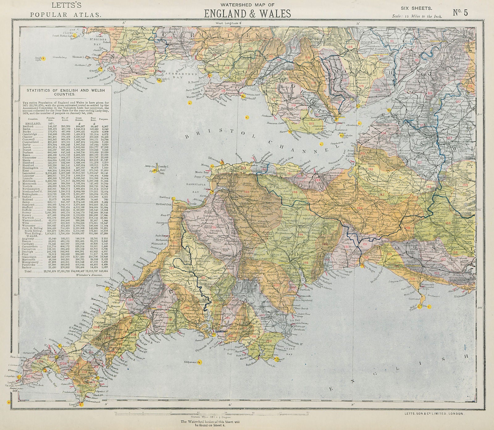SOUTH WEST ENGLAND & SOUTH WALES WATERSHEDS. Lighthouses. LETTS 1884 old map